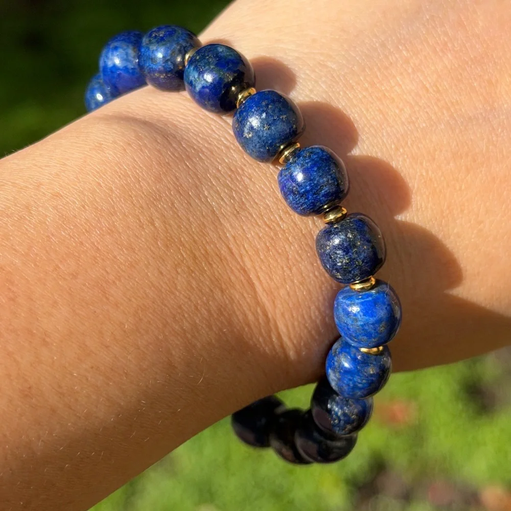 10mm stretchable stainless steel‎ blue lapis barrel shape bracelet 0808